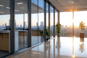 a modern office interior featuring large glass windows, showcasing a stunning sunset view of the cit