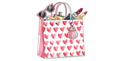 Wall Mural - A watercolor style illustration of a shopping bag with a pink hearts pattern