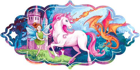 Wall Mural - A watercolor style illustration of a magical scene with a unicorn, a fairy, and a dragon