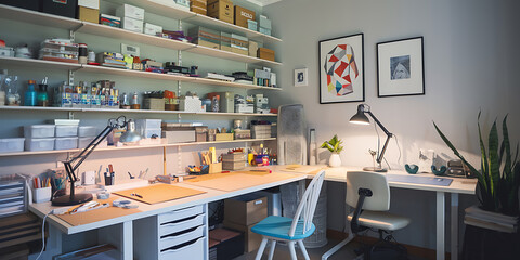 A craft room with an organized work table, good lighting, and a creative imagination