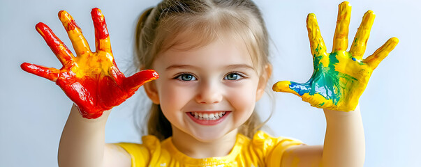 Joyful Child Shows Colorful Handprints,  A Vibrant  Image of Creativity and Play