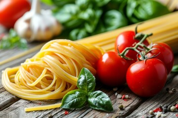 Raw pasta nest with tomatoes, garlic, and basil on rustic wooden table