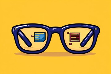 A flat design of a pair of thick-framed glasses with reflections of comic panels and code on the lenses, set against a simple pastel background