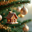 © SONYA DESIGN - A small gingerbread house hangs on a Christmas tree branch