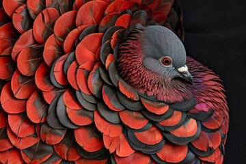 Wall Mural - Exotic bird showing vibrant red and black plumage on dark background