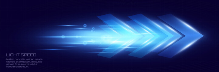 Poster - Blue glowing arrows moving forward at high speed on dark background, light trail effects, futuristic motion concept, suitable for technology and progress themes.