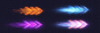 © NAUM - Set of glowing arrows in various colors (orange, blue, purple, pink) with motion blur and light trail effects on transparent background, representing speed, technology, and futuristic themes.