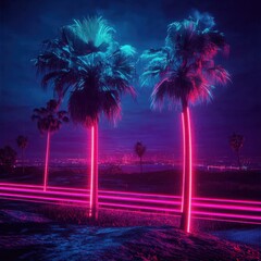 Wall Mural - The summer vibe is encapsulated by palm trees against a cyber city skyline.