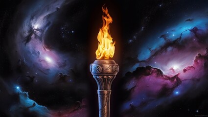 Wall Mural - Burning torch against colorful night sky - Generative AI