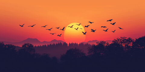 Poster - Sunrise and sunset, A serene sunset scene with silhouetted birds flying across a vibrant orange sky, creating a tranquil and picturesque landscape.