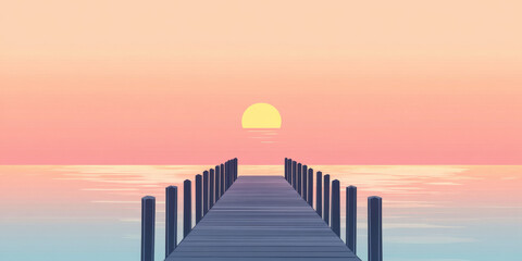 Poster - Sunrise and sunset, A serene sunset view from a wooden pier stretching over calm waters, highlighting gentle colors of pink and orange in the sky.