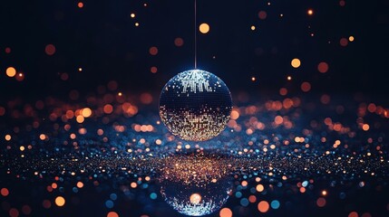Silver Christmas bauble with intricate snowflake pattern hanging, festive holiday decoration, winter celebration, dark bokeh background with glowing lights for seasonal greeting cards and party invit