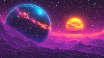 futuristic glowing purple mountain landscape with large blue planet and glowing orange sun rising, s