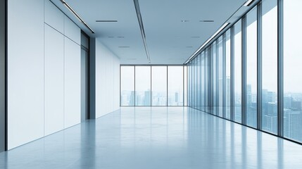  A modern, spacious interior with large windows offering a city view.