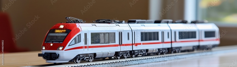 A detailed model train with a red and white design, positioned on a ...