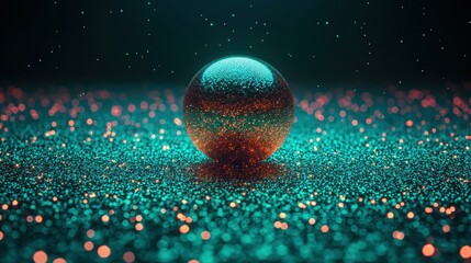 Abstract glowing turquoise and orange glass sphere on glittering surface, futuristic technology concept, background for digital design, science, innovation, celebration, shiny bokeh effect