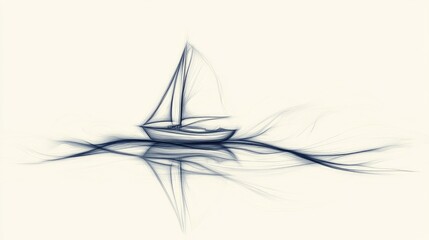 Abstract line art of a boat sailing on calm waters, with flowing and serene strokes.