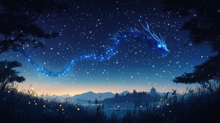 Wall Mural - A mystical dragon made of stars glides through a twilight sky over a tranquil landscape.