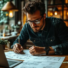 Web developer reviewing website designs on a laptop in a modern workspace
