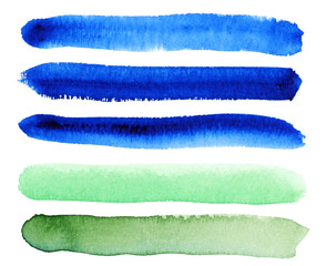 Poster - A watercolor set of six blue and green paint brushes. The green brush is in the middle of the blue brushes