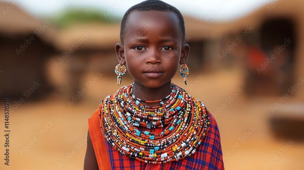 Young Maasai child wearing traditional attire in Kenyan village ...
