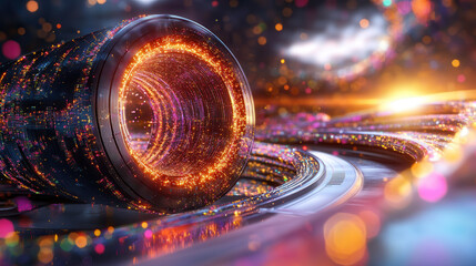 Futuristic fiber optic cables glowing in vibrant environment, creating mesmerizing visual effect