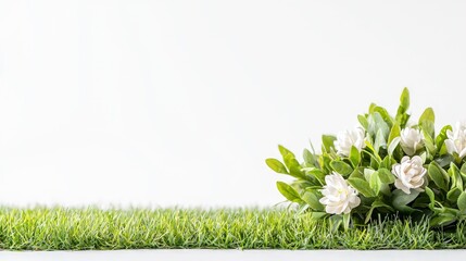 Wall Mural - White flowers and green grass on white background.