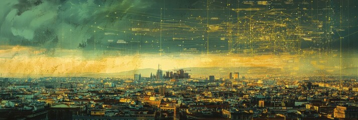 Leinwandbilder - Cityscape featuring digital neural network visually representing artificial intelligence in urban settings. Generative AI