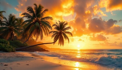 Wall Mural - Spectacular Tropical Sunset on Pristine Beach with Palm Trees