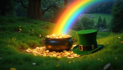 A pot of gold sits at the end of a rainbow on a grassy field, accompanied by a green leprechaun hat, symbolizing St. Patrick’s Day folklore