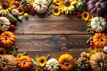 Autumn themed banner template with space for a copie. Pumpkins and flowers. Wood