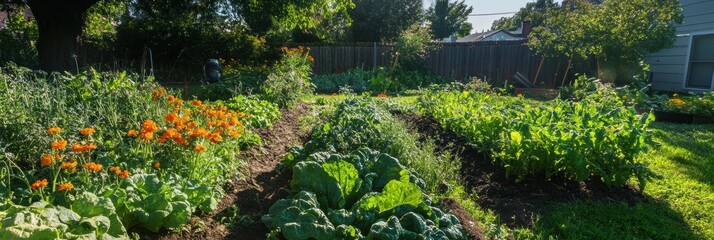 Aufkleber - Vibrant garden with tools, flowers, and rows of fresh vegetables ready for harvesting in a sunny backyard. Generative AI