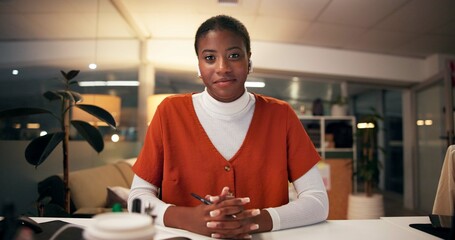 Canvas Print - Black woman, portrait or night with video call for consulting, online conference or webinar at office desk. Face, female person or company agent in POV for virtual workshop, chat or talk at workplace