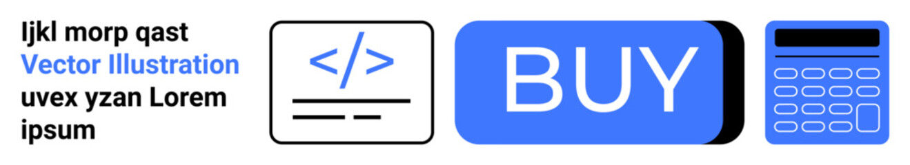 Code icon, blue buy button, and calculator. Ideal for e-commerce themes, web development, coding, online shopping, financial tools, programming tutorials, and digital transactions. Landing page
