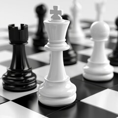 A close-up view of a chessboard featuring a white king surrounded by black and white pieces, highlighting the game