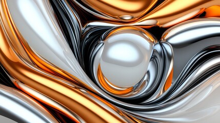 Wall Mural - Abstract Metallic Flow Silver, Gold, and Chrome Swirls with Central Sphere