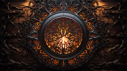Wall Mural - black and gold tree with a light inside of it