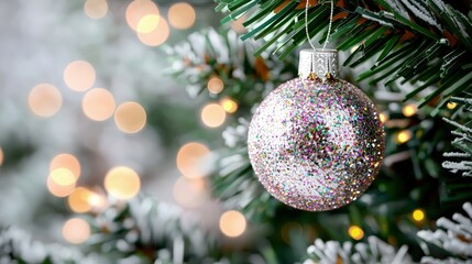 Wall Mural - Sparkling silver Christmas ornament hanging on a decorated tree with bokeh lights.