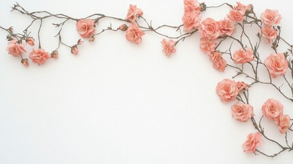 Wall Mural - Dried peach roses arranged on a white background, creating a delicate border with copy space.