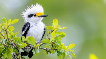 Wall Mural - White bird with yellow crest perched on a branch.