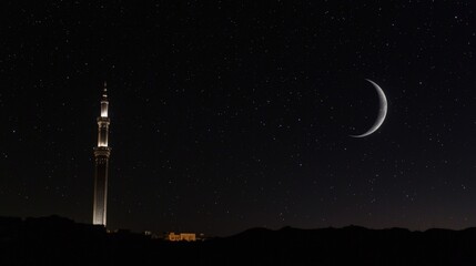 Wall Mural - Night sky with crescent moon and minaret.