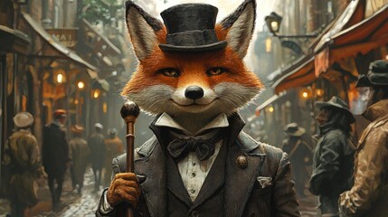 Wall Mural - A stylish fox in a top hat and tuxedo stands confidently in a vintage street, exuding charm and elegance amid a bustling atmosphere.