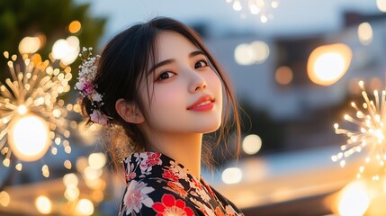 Wall Mural - A young woman in a kimono, surrounded by sparkling lights at dusk.