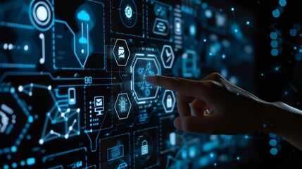 a hand pointing at an interactive screen displaying various digital data and cyber security symbols,
