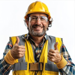 Poster - A man with yellow helmet and a vest with thumbs up, white background. I like my job.