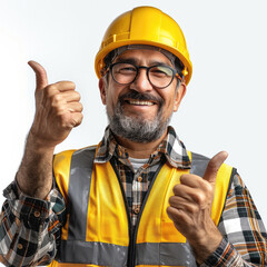 Poster - A man with yellow helmet and a vest with thumbs up, white background. I like my job.