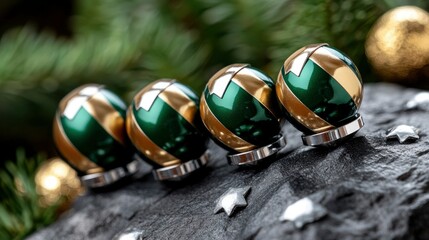 Wall Mural - Elegant Green and Gold Christmas Ornaments on Dark Stone