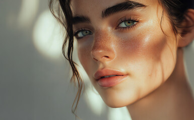 closeup of a woman with dewy skin, sleek hair, and soft lighting, demonstrating a beauty routine wit
