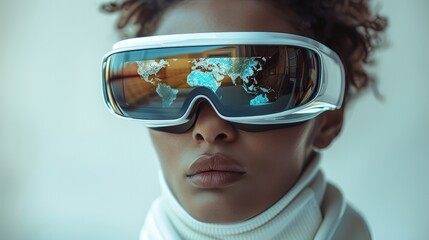 Poster - Man in white turtleneck wear virtual reality glasses with holographic world map inside and holographic waves outside isolated on white background.