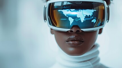 Aufkleber - Man in white turtleneck wear virtual reality glasses with holographic world map inside and holographic waves outside isolated on white background.